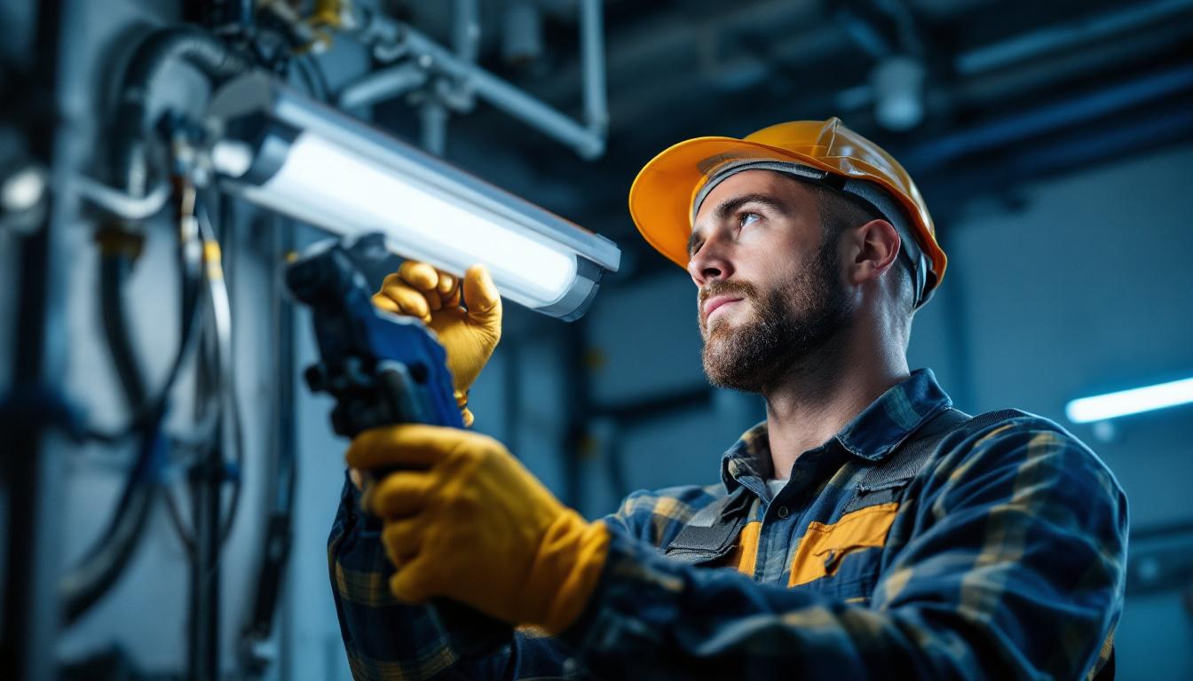 A photograph of a skilled lighting contractor replacing a fluorescent tube socket