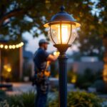 A photograph of a lighting contractor installing a globe post lantern in a beautifully landscaped outdoor setting