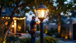 A photograph of a lighting contractor installing a globe post lantern in a beautifully landscaped outdoor setting