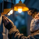 A photograph of a lighting contractor inspecting or adjusting an old motion sensor light in a residential setting