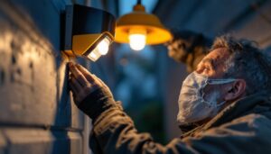 A photograph of a lighting contractor inspecting or adjusting an old motion sensor light in a residential setting