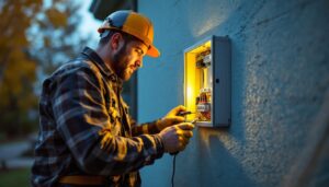 A photograph of a skilled lighting contractor installing an exterior wall electrical box on a home