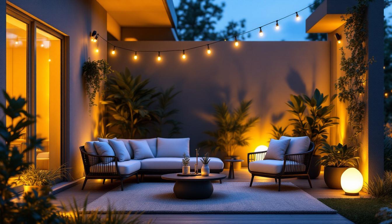 A photograph of a beautifully designed outdoor lighting setup featuring a box extension