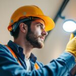 A photograph of a lighting contractor at work