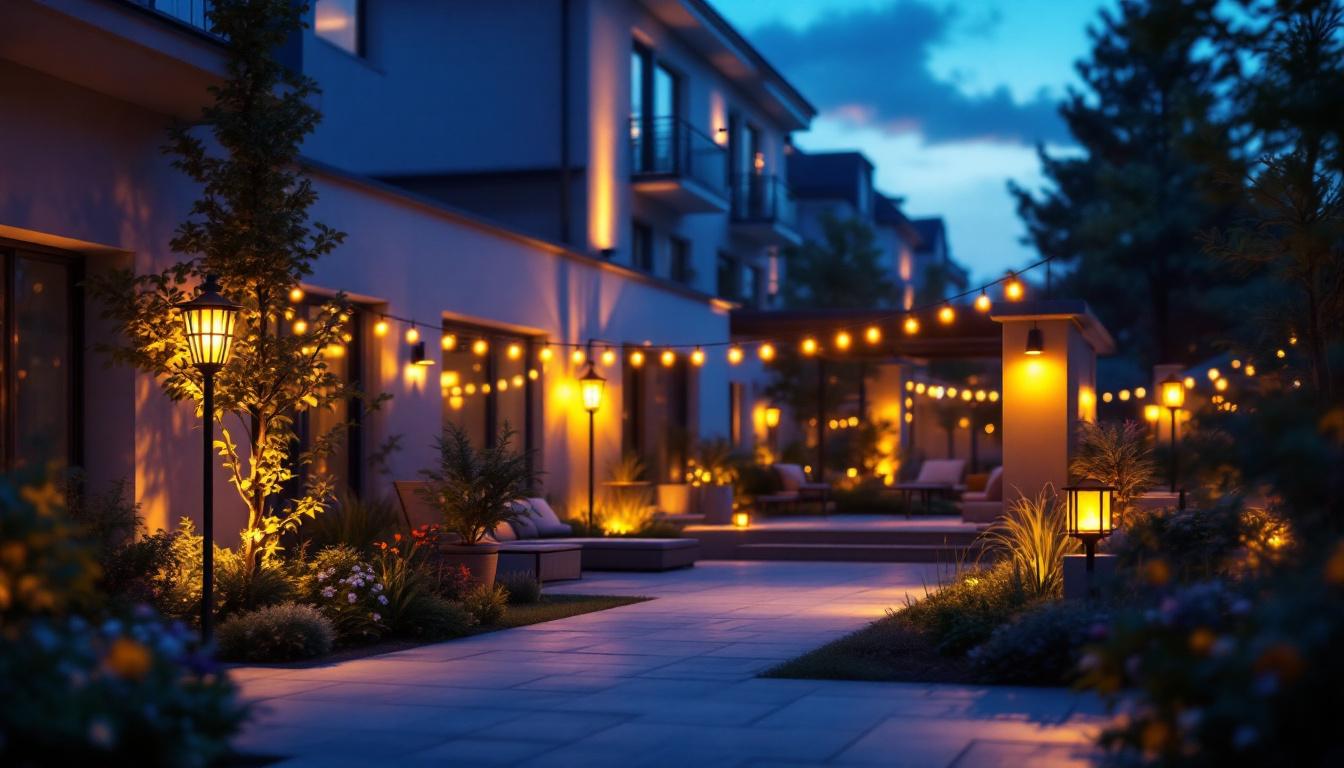 A photograph of a beautifully illuminated outdoor space at dusk