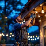 A photograph of a skilled lighting contractor installing a canopy light kit in an outdoor setting