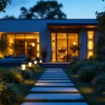 A photograph of a beautifully designed outdoor space featuring decorative motion detector lights in action