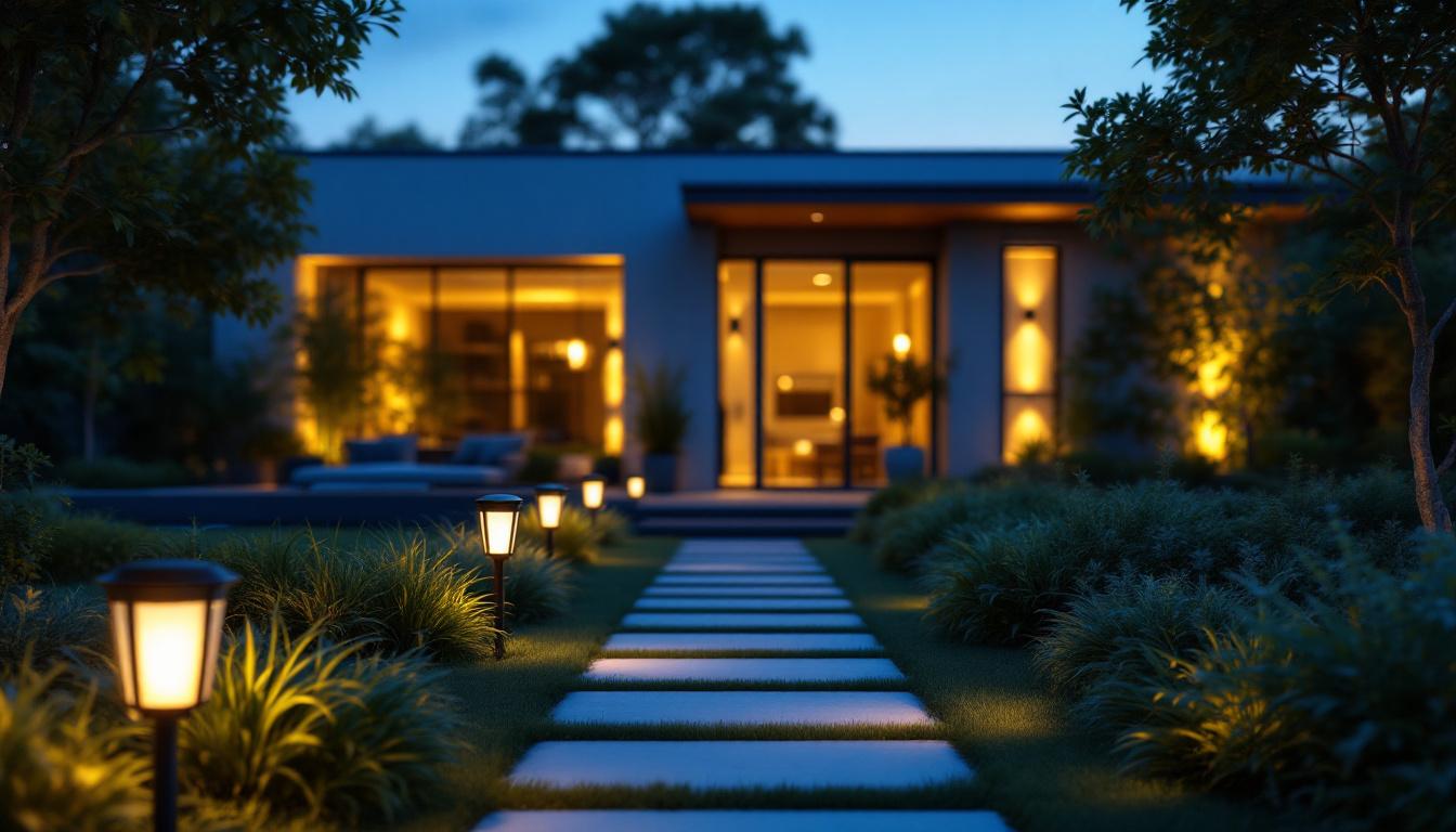 A photograph of a beautifully designed outdoor space featuring decorative motion detector lights in action