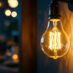 A photograph of a modern led light bulb illuminating a stylish