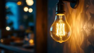 A photograph of a modern led light bulb illuminating a stylish