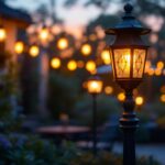 A photograph of a beautifully designed lantern pole light illuminating a charming outdoor setting during twilight
