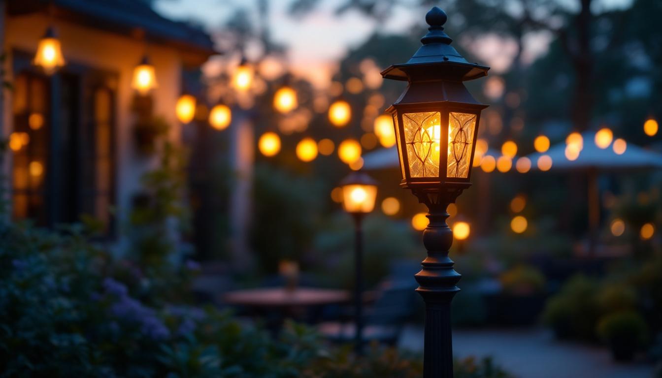 A photograph of a beautifully designed lantern pole light illuminating a charming outdoor setting during twilight
