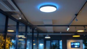 A photograph of a modern lighting installation in an office or commercial space