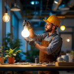 A photograph of a lighting contractor installing energy-efficient lamps in a modern workspace