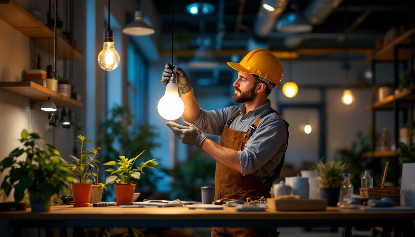 A photograph of a lighting contractor installing energy-efficient lamps in a modern workspace