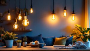 A photograph of a beautifully styled interior featuring retro-style led light bulbs in various fixtures