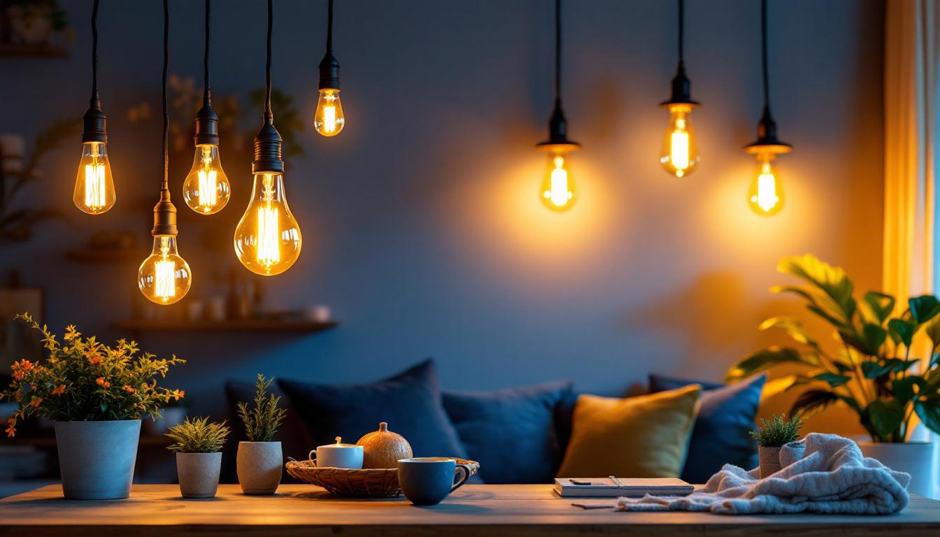 A photograph of a beautifully styled interior featuring retro-style led light bulbs in various fixtures