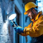A photograph of a skilled lighting contractor replacing an outdoor light sensor