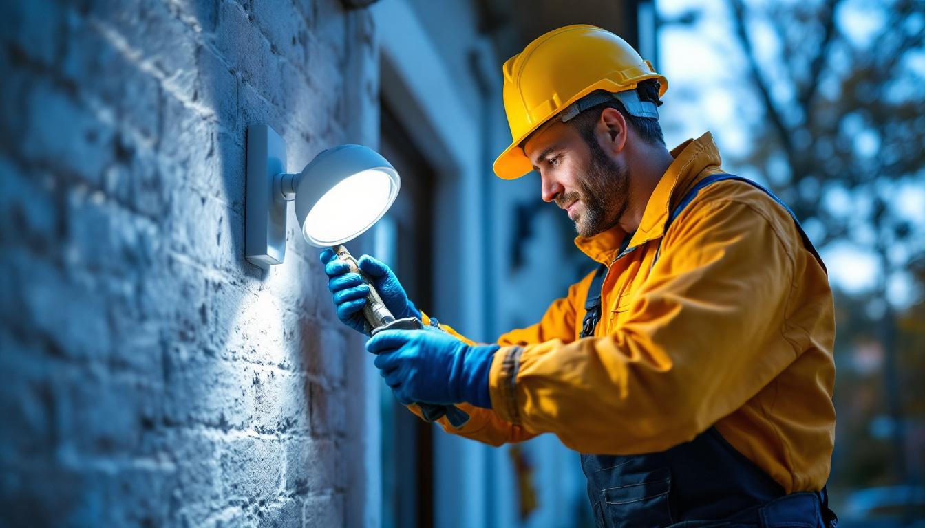 A photograph of a skilled lighting contractor replacing an outdoor light sensor