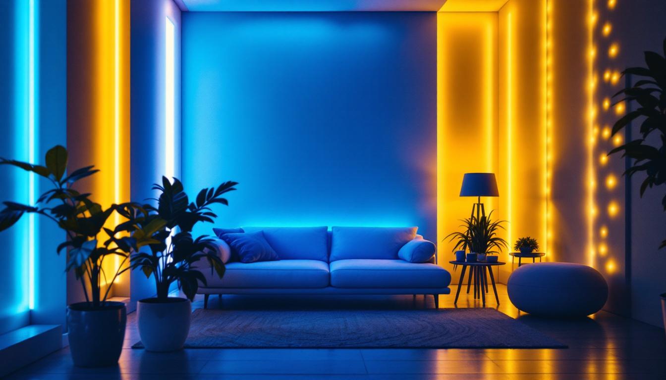A photograph of a vibrant scene showcasing a beautifully illuminated space using dc led light strips