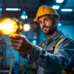 A photograph of a lighting contractor installing or showcasing a variety of 500 led lights in a well-lit environment
