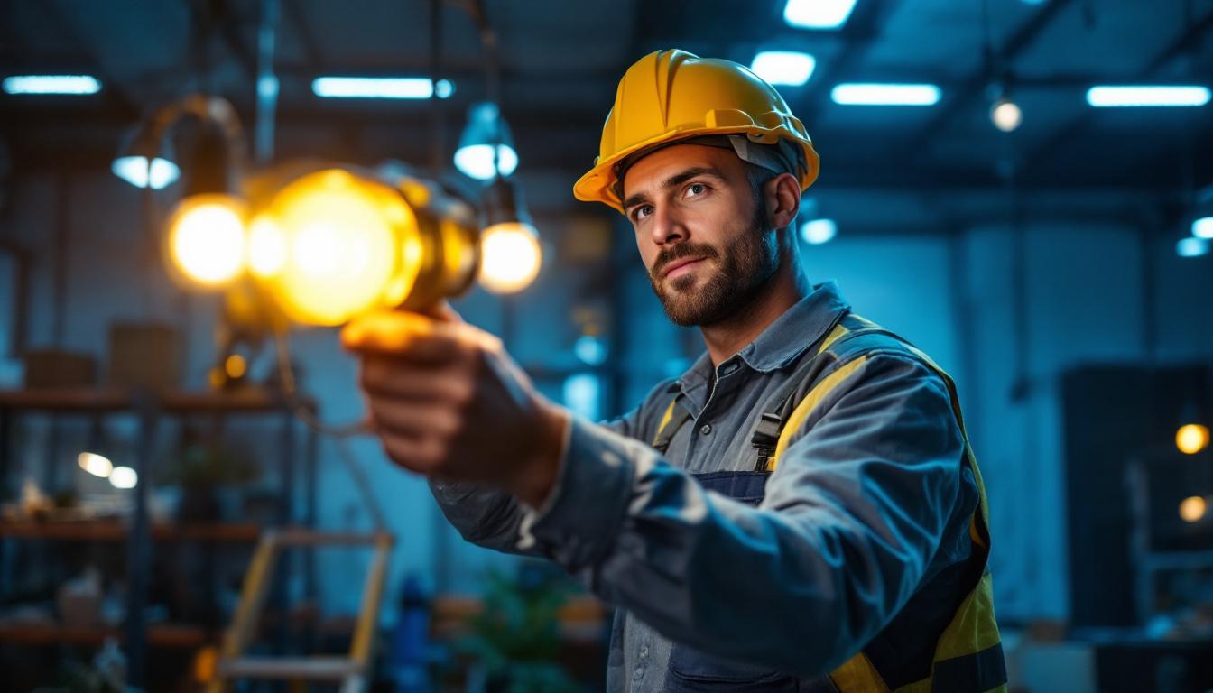 A photograph of a lighting contractor installing or showcasing a variety of 500 led lights in a well-lit environment