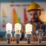 A photograph of a lighting contractor examining various cfl light bulbs with a wattage chart in the background