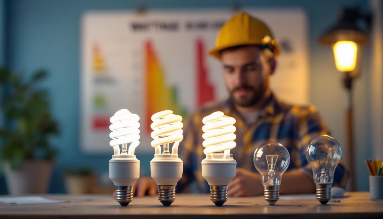 A photograph of a lighting contractor examining various cfl light bulbs with a wattage chart in the background