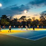 A photograph of a well-lit outdoor sports court at dusk