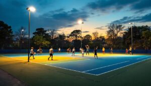 A photograph of a well-lit outdoor sports court at dusk