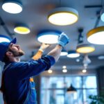 A photograph of a lighting contractor expertly installing various types of led ceiling lights in a modern interior space