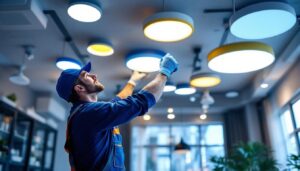 A photograph of a lighting contractor expertly installing various types of led ceiling lights in a modern interior space