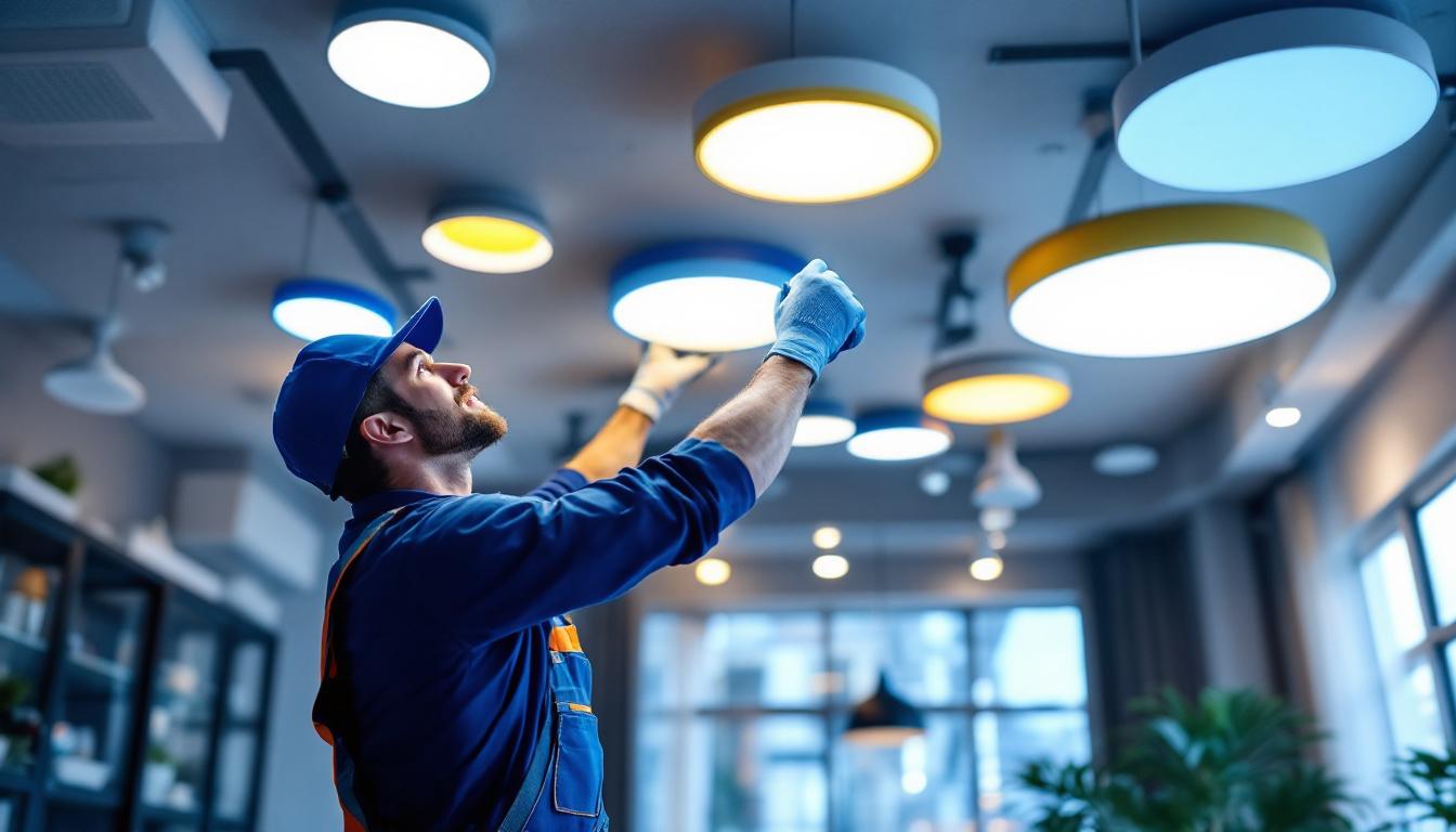 A photograph of a lighting contractor expertly installing various types of led ceiling lights in a modern interior space