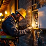 A photograph of a skilled lighting contractor working on an exterior power box installation