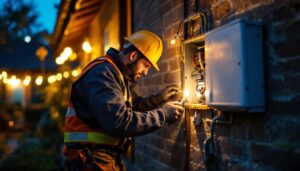 A photograph of a skilled lighting contractor working on an exterior power box installation