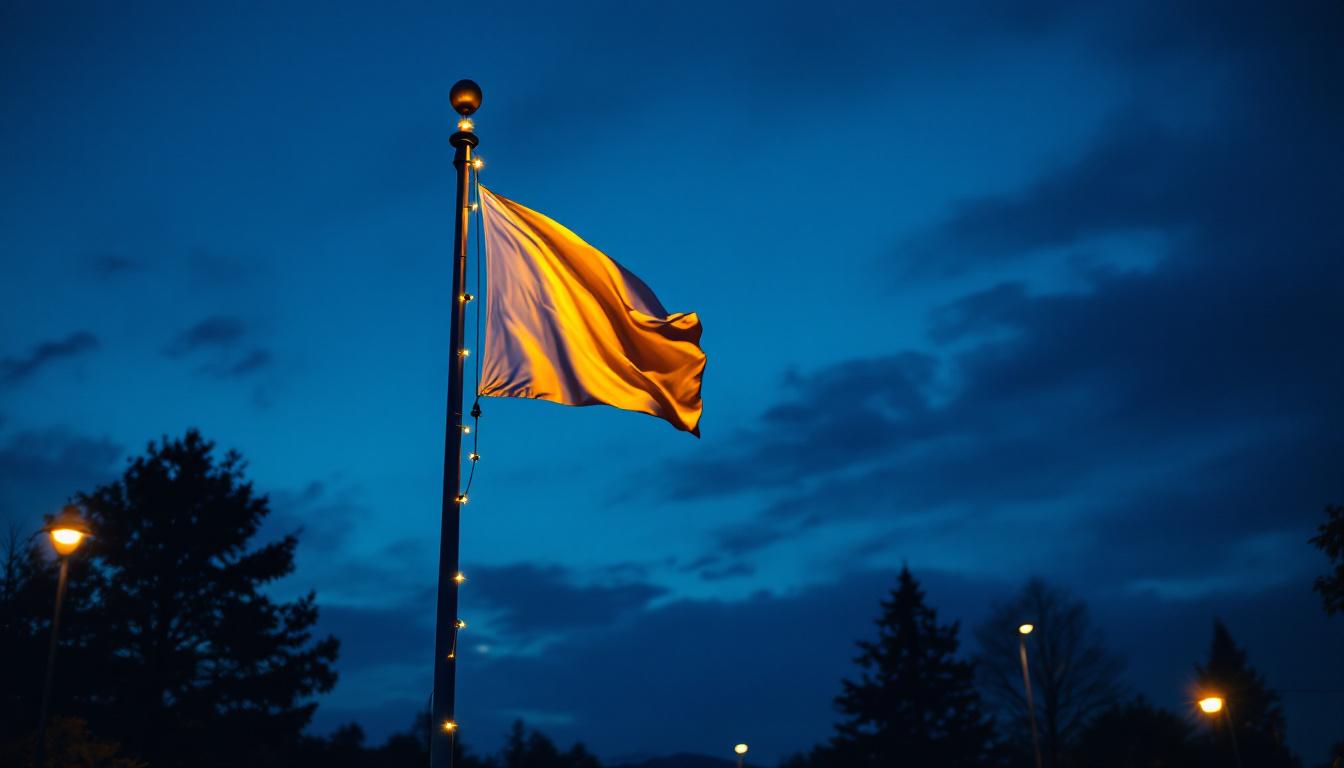 A photograph of a well-lit flagpole at dusk