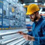 A photograph of a well-organized display of various t5 lamp sizes alongside a lighting contractor examining them
