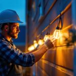 A photograph of a lighting contractor skillfully installing solar tape lights in a residential outdoor setting