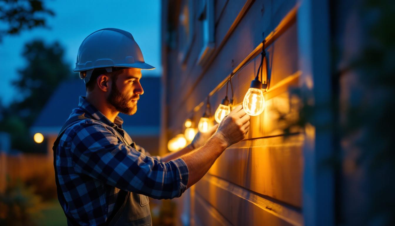 A photograph of a lighting contractor skillfully installing solar tape lights in a residential outdoor setting