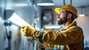 A photograph of a skilled lighting contractor installing or inspecting plug-in fluorescent lights in a well-lit commercial or residential space
