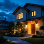 A photograph of a well-lit residential exterior at dusk