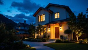 A photograph of a well-lit residential exterior at dusk