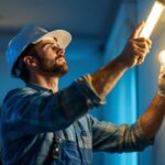 A photograph of a modern lighting contractor installing energy-efficient fluorescent bulbs in a well-lit residential or commercial space