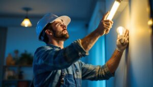 A photograph of a modern lighting contractor installing energy-efficient fluorescent bulbs in a well-lit residential or commercial space