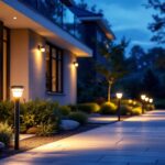 A photograph of a well-lit entrance featuring a variety of solar lights installed along a pathway