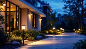 A photograph of a well-lit entrance featuring a variety of solar lights installed along a pathway