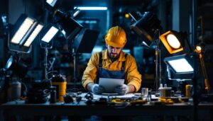 A photograph of a lighting contractor working in a well-lit environment