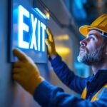 A photograph of a skilled lighting contractor installing or inspecting an illuminated exit sign in a commercial setting