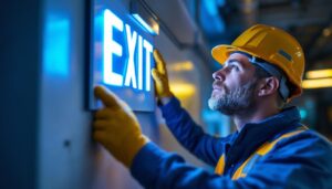 A photograph of a skilled lighting contractor installing or inspecting an illuminated exit sign in a commercial setting