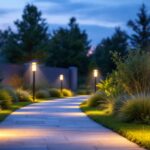 A photograph of a beautifully illuminated outdoor landscape featuring various landscape light fixtures in use